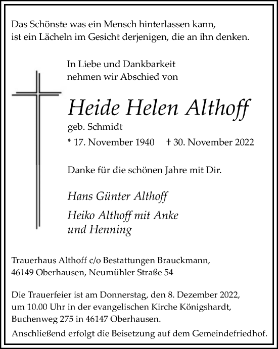 Traueranzeige von Heide Helen Althoff von Tageszeitung