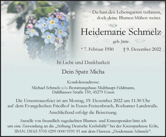 Traueranzeige von Heidemarie Schmelz von Tageszeitung