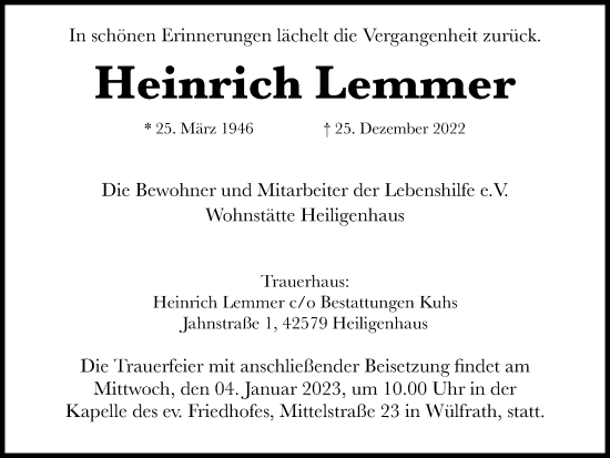 Traueranzeige von Heinrich Lemmer von Tageszeitung