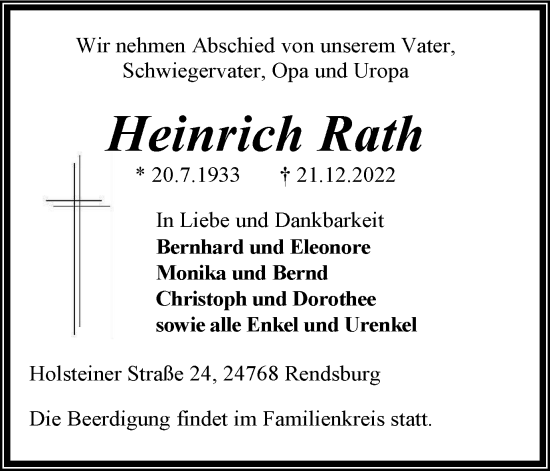 Traueranzeige von Heinrich Rath von Tageszeitung
