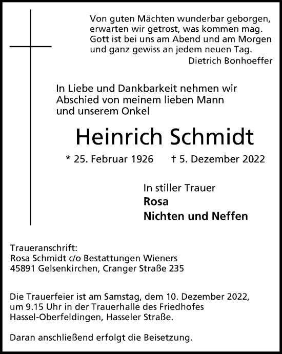 Traueranzeige von Heinrich Schmidt von Tageszeitung