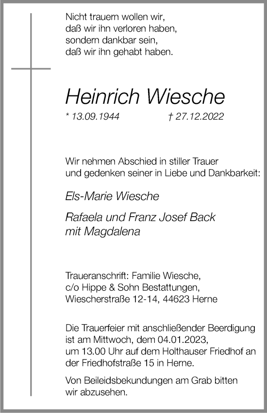 Traueranzeige von Heinrich Wiesche von Tageszeitung