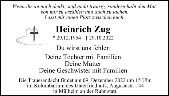 Traueranzeige von Heinrich Zug von WVW Anzeigenblätter