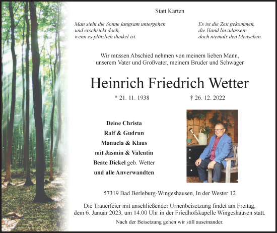 Traueranzeige von Heinrich Friedrich Wetter von Tageszeitung