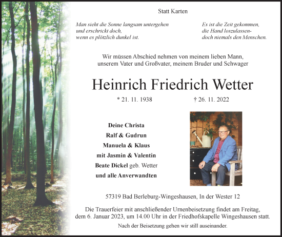 Traueranzeige von Heinrich Friedrich Wetter von Tageszeitung