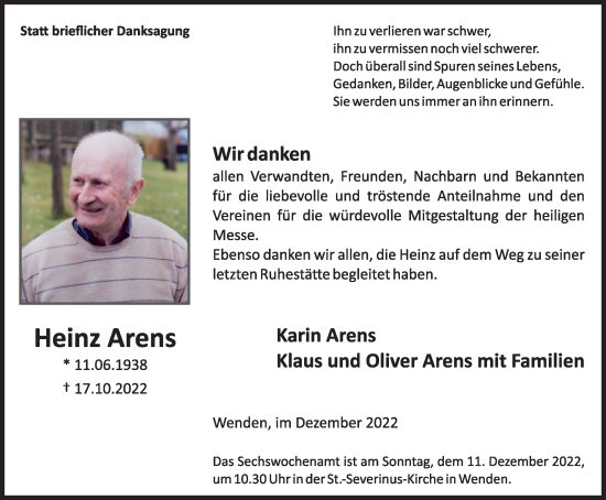 Traueranzeige von Heinz Arens von Tageszeitung