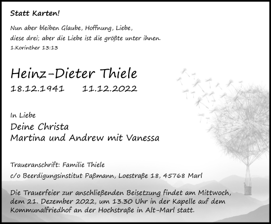 Traueranzeige von Heinz-Dieter Thiele von Tageszeitung