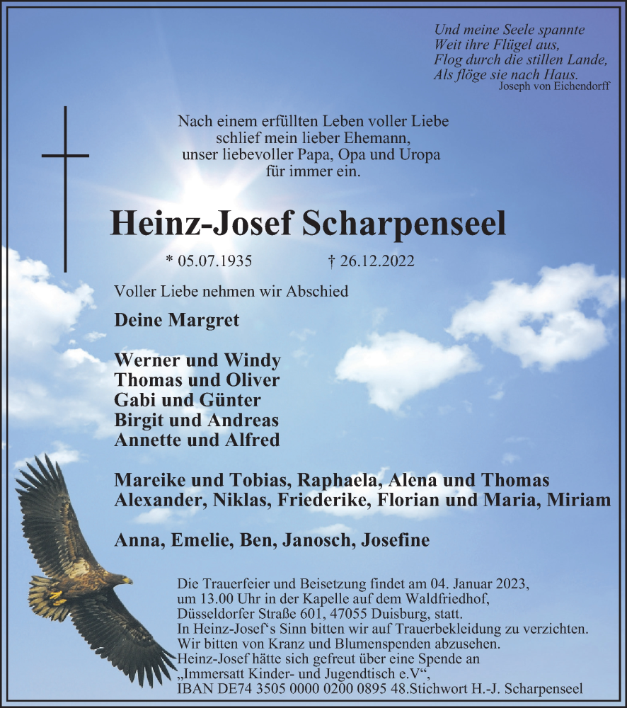  Traueranzeige für Heinz-Josef Scharpenseel vom 31.12.2022 aus Tageszeitung