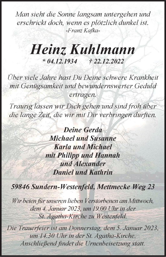 Traueranzeige von Heinz Kuhlmann von Tageszeitung