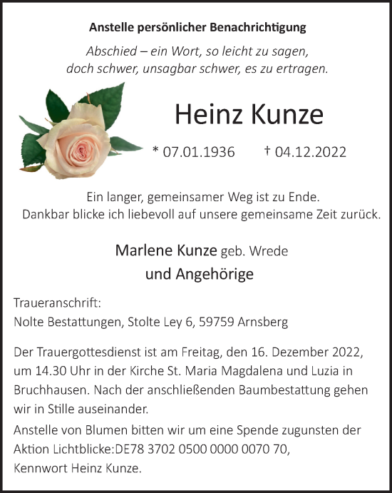 Traueranzeige von Heinz Kunze von Tageszeitung