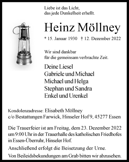 Traueranzeige von Heinz Möllney von Tageszeitung