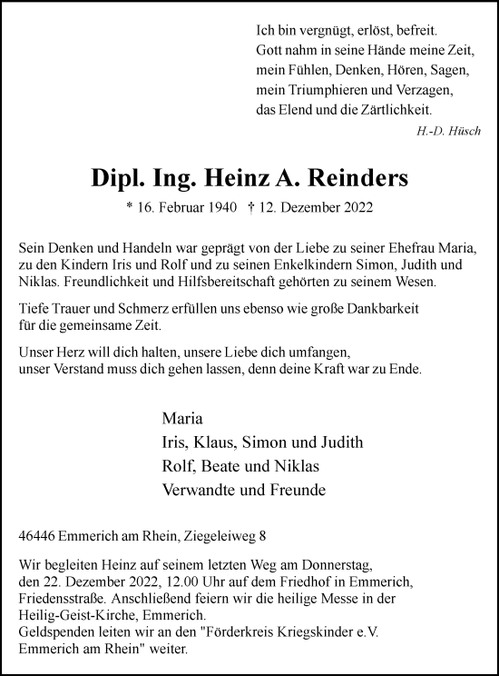 Traueranzeige von Heinz A. Reinders von Tageszeitung