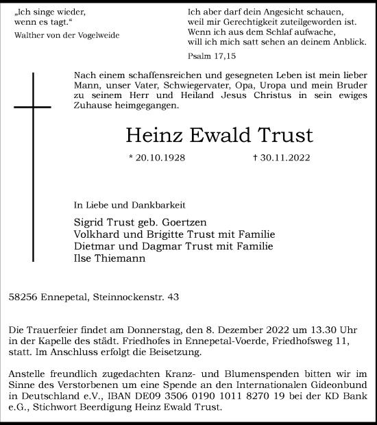 Traueranzeige von Heinz Ewald Trust von Tageszeitung