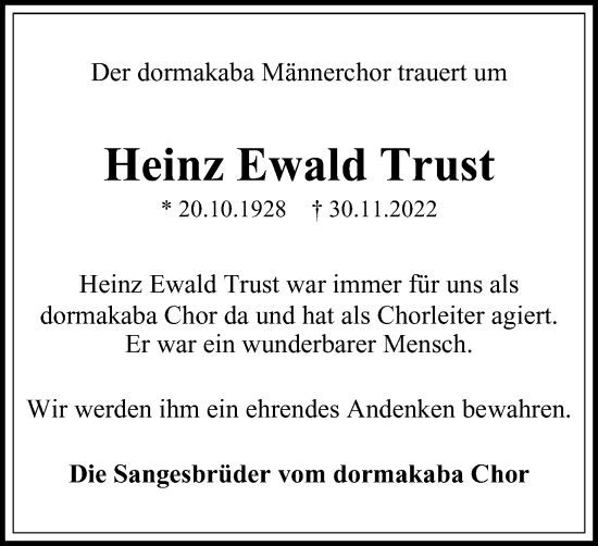 Traueranzeige von Heinz Ewald Trust von Tageszeitung