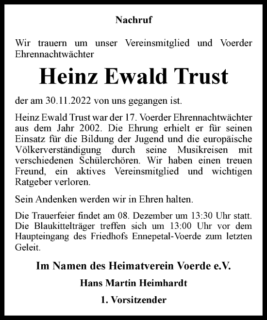 Traueranzeige von Heinz Ewald Trust von Tageszeitung