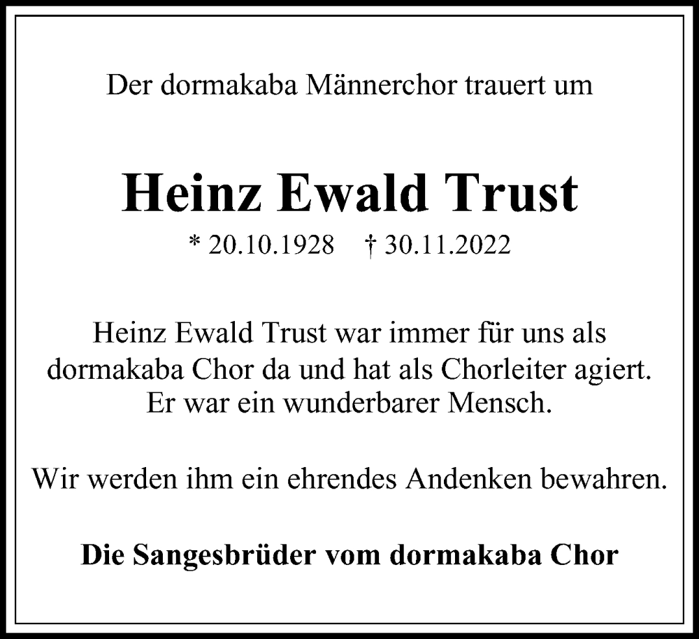  Traueranzeige für Heinz Ewald Trust vom 17.12.2022 aus Tageszeitung