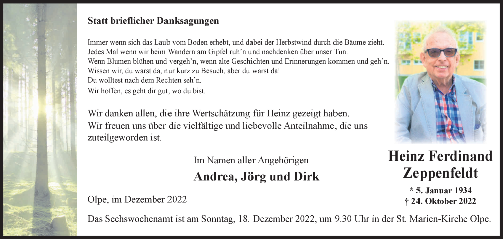  Traueranzeige für Heinz Ferdinand Zeppenfeldt vom 10.12.2022 aus Tageszeitung
