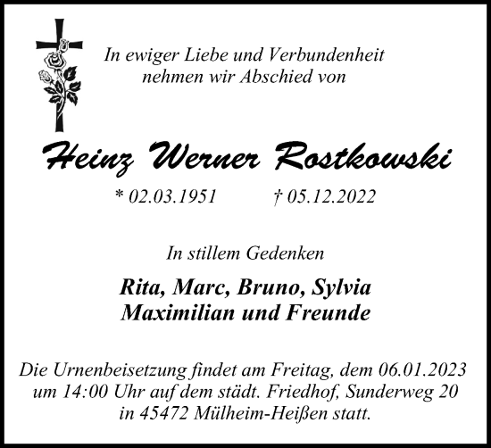 Traueranzeige von Heinz Werner Rostkowski von WVW Anzeigenblätter