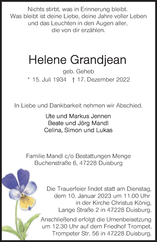 Traueranzeige von Helene Grandjean von Tageszeitung