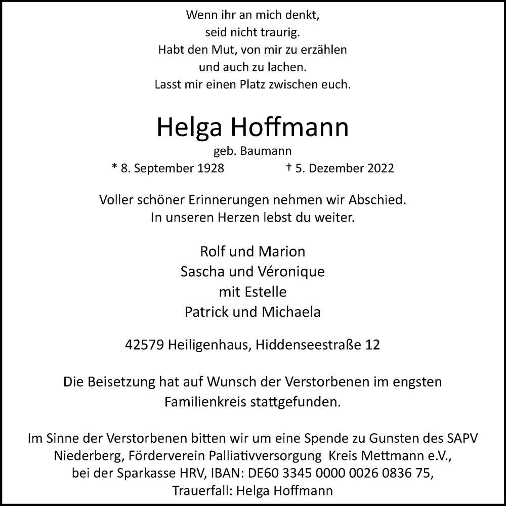 Traueranzeigen von Helga Hoffmann TrauerinNRW.de