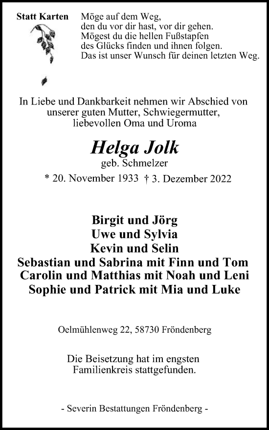Traueranzeige von Helga Jolk von WVW Anzeigenblätter