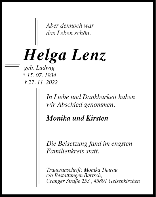 Traueranzeige von Helga Lenz von Tageszeitung