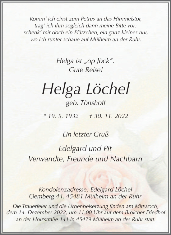 Traueranzeige von Helga Löchel von WVW Anzeigenblätter