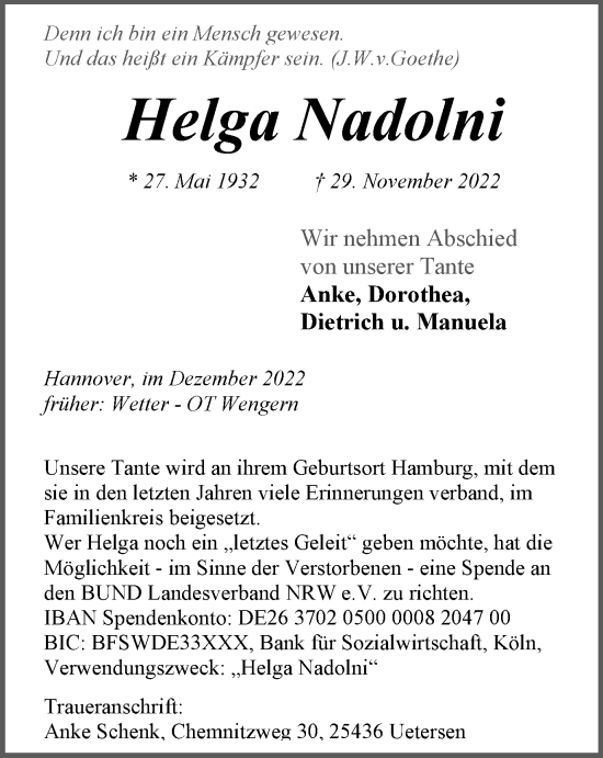 Traueranzeige von Helga Nadolni von Tageszeitung