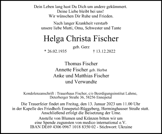 Traueranzeige von Helga Christa Fischer von Tageszeitung