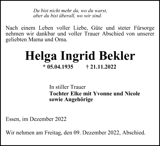 Traueranzeige von Helga Ingrid Bekler von WVW Anzeigenblätter
