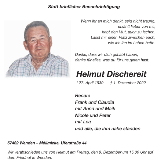 Traueranzeige von Helmut Dischereit von Tageszeitung
