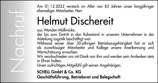 Traueranzeige von Helmut Dischereit von Tageszeitung