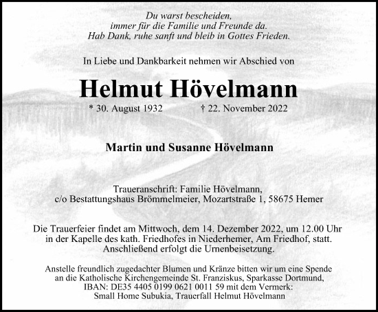 Traueranzeige von Helmut Hövelmann von Tageszeitung