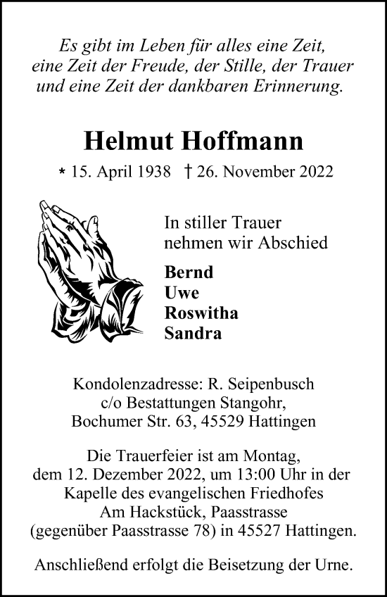 Traueranzeige von Helmut Hoffmann von WVW Anzeigenblätter