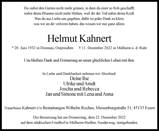 Traueranzeige von Helmut Kahnert von WVW Anzeigenblätter