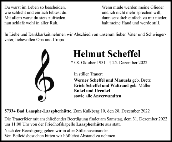 Traueranzeige von Helmut Scheffel von Tageszeitung