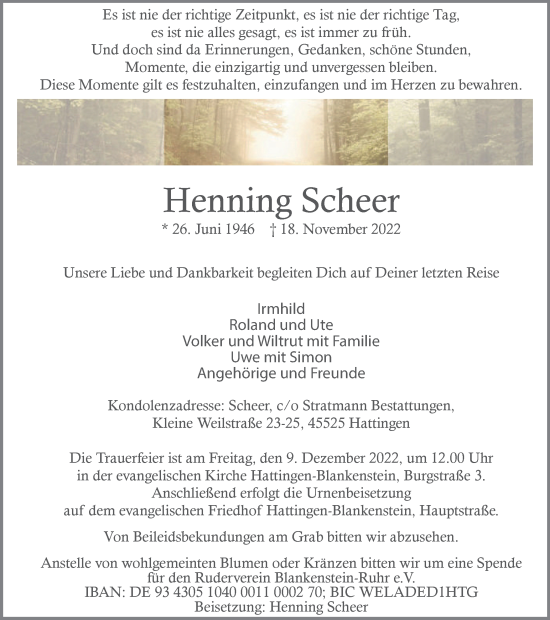 Traueranzeige von Henning Scheer von WVW Anzeigenblätter