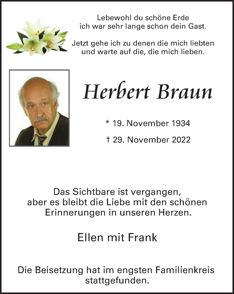  Traueranzeige für Herbert Braun vom 24.12.2022 aus Tageszeitung