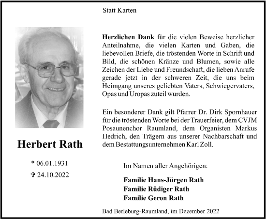 Traueranzeige von Herbert Rath von Tageszeitung