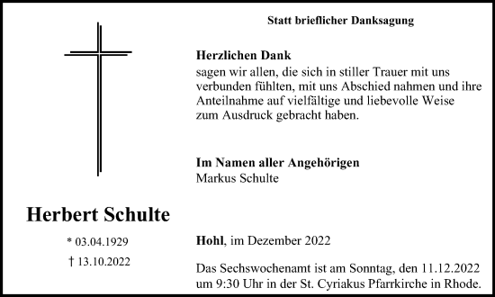 Traueranzeige von Herbert Schulte von Tageszeitung
