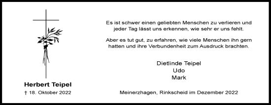 Traueranzeige von Herbert Teipel von Tageszeitung