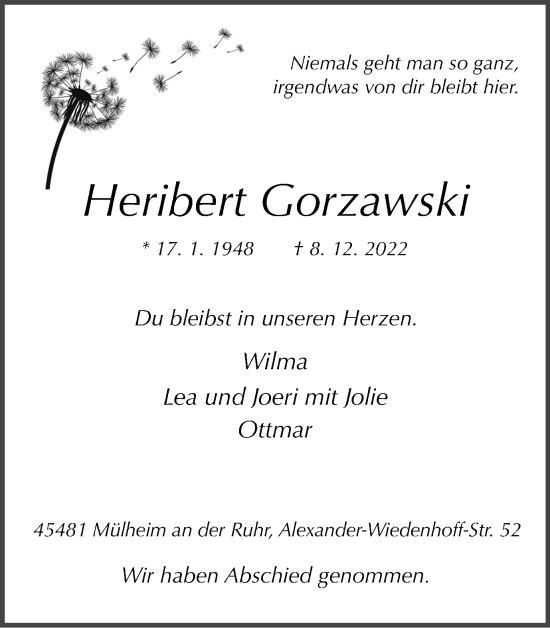 Traueranzeige von Heribert Gorzawski von WVW Anzeigenblätter