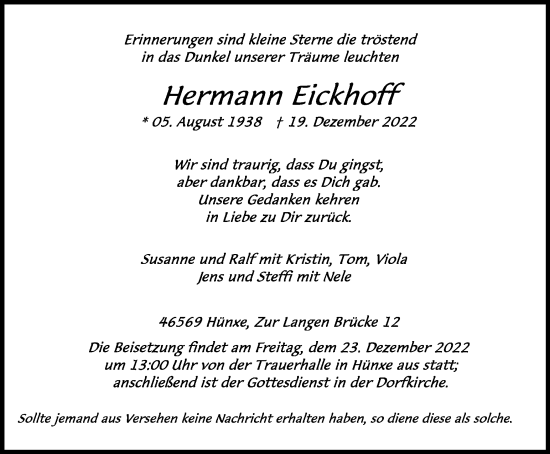 Traueranzeige von Hermann Eickhoff von Tageszeitung