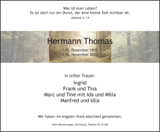 Traueranzeige von Hermann Thomas von Tageszeitung