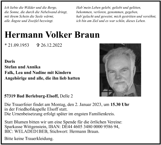 Traueranzeige von Hermann Volker Braun von Tageszeitung