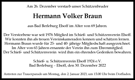 Traueranzeige von Hermann Volker Braun von Tageszeitung