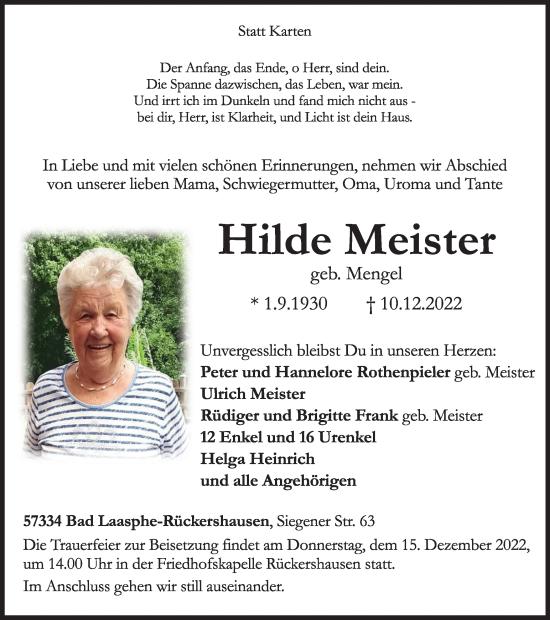 Traueranzeige von Hilde Meister von Tageszeitung