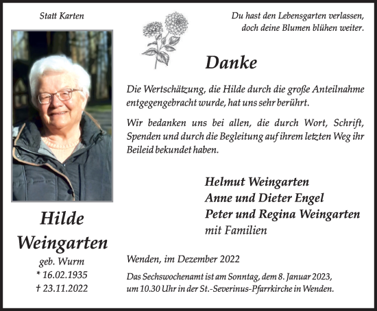 Traueranzeige von Hilde Weingarten von Tageszeitung