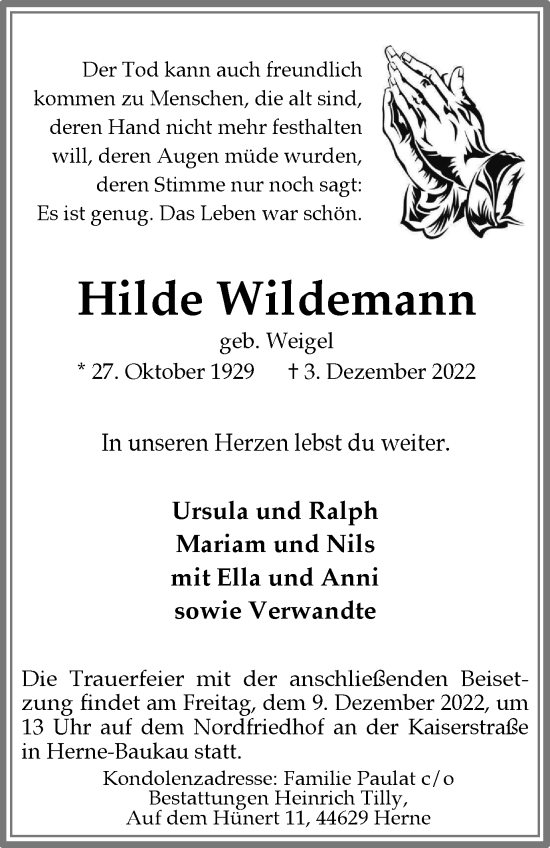 Traueranzeige von Hilde Wildemann von Tageszeitung