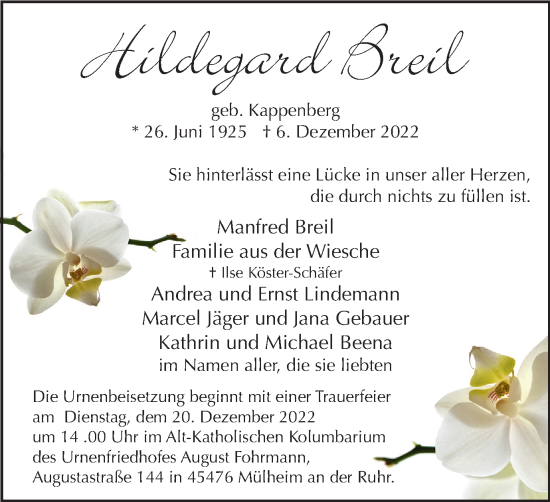 Traueranzeige von Hildegard Breil von WVW Anzeigenblätter